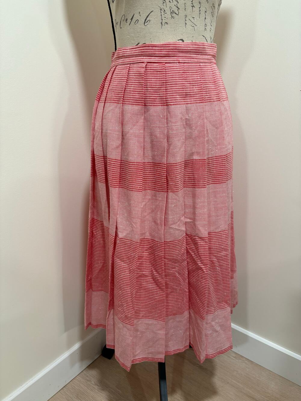 Vintage Pleated Red Striped Midi Ankle Length Skirt